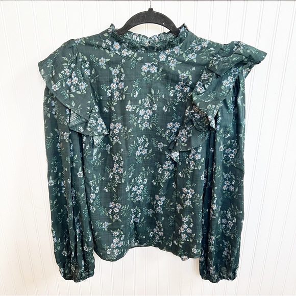 a.n.a NWT Dark Green Floral High Ruffle Neck Long Sleeve Blouse Size XL - Picture 2 of 6